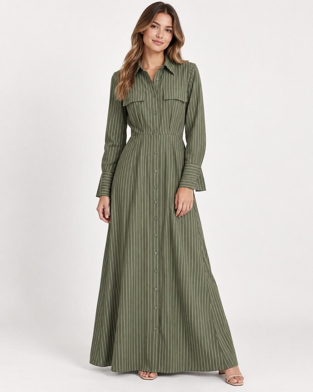 ASOS Shirt Dress Olive Green Pinstripe Maxi SZ 0 Safari Scandi Utility Military
